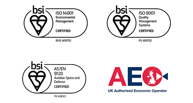 Three BSI certification icons: ISO14001 Environmental Management CERTIFIED EMS 609753 ISO 9001 Quality Management Systems CERTIFIED PS 609752 AS/EN 9120 Aviation Space and Defence CERTIFIED FS 618515 AEO UK Authorised Economic Operator