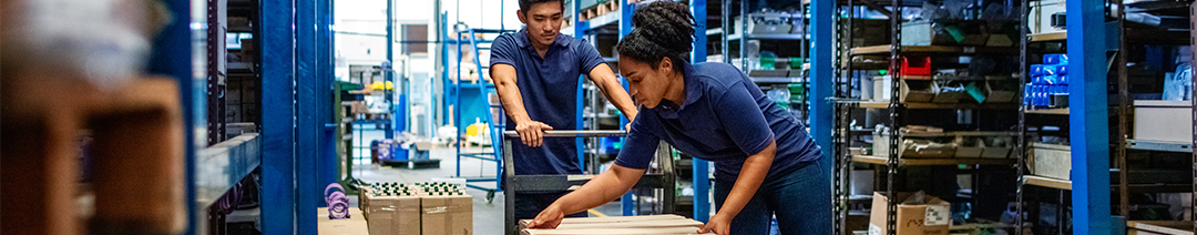 A man and woman handling boxes within a warehouse.
