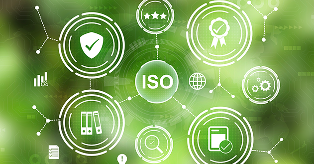 ISO written in the centre, with several icons around the outside, such as a magnifying glass and cogs
