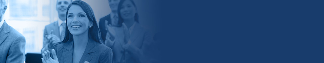 An image of a smiling woman clapping, with a crowd of people clapping behind her.