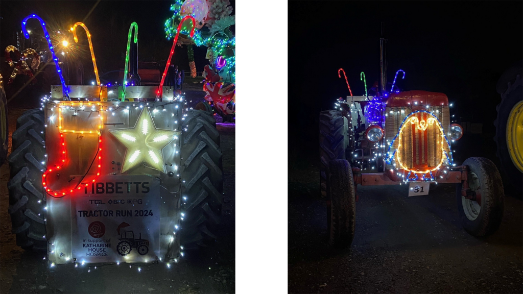 Colourful Christmas lights and Tibbetts Group’s festive sponsorship banner decorate Tomas’ tractor.